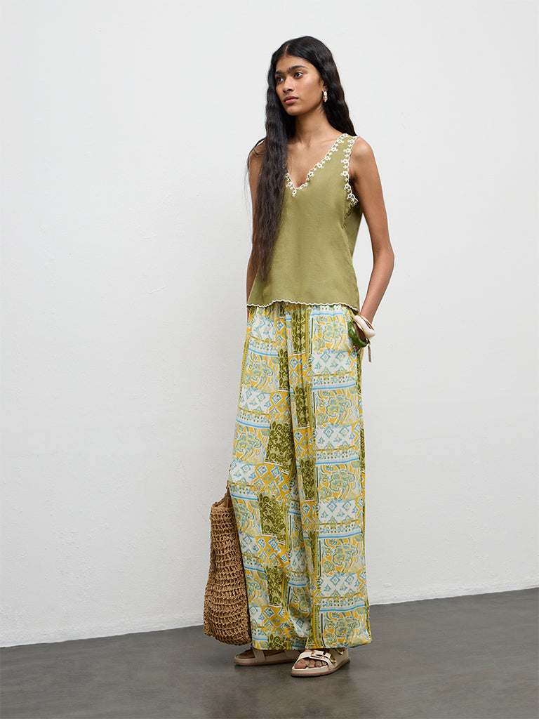Bombay Paisley Olive Embroidered Cotton-Blend Top