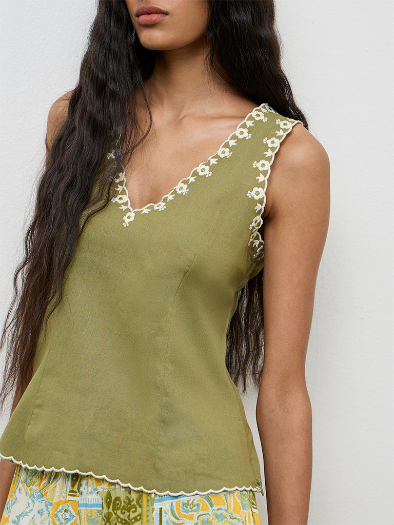 Bombay Paisley Olive Embroidered Cotton-Blend Top