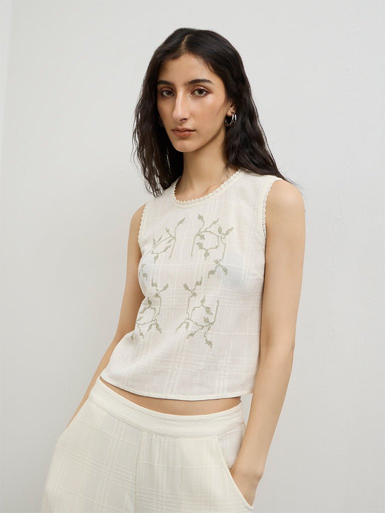 Bombay Paisley Off-White Embroidered Cotton Top