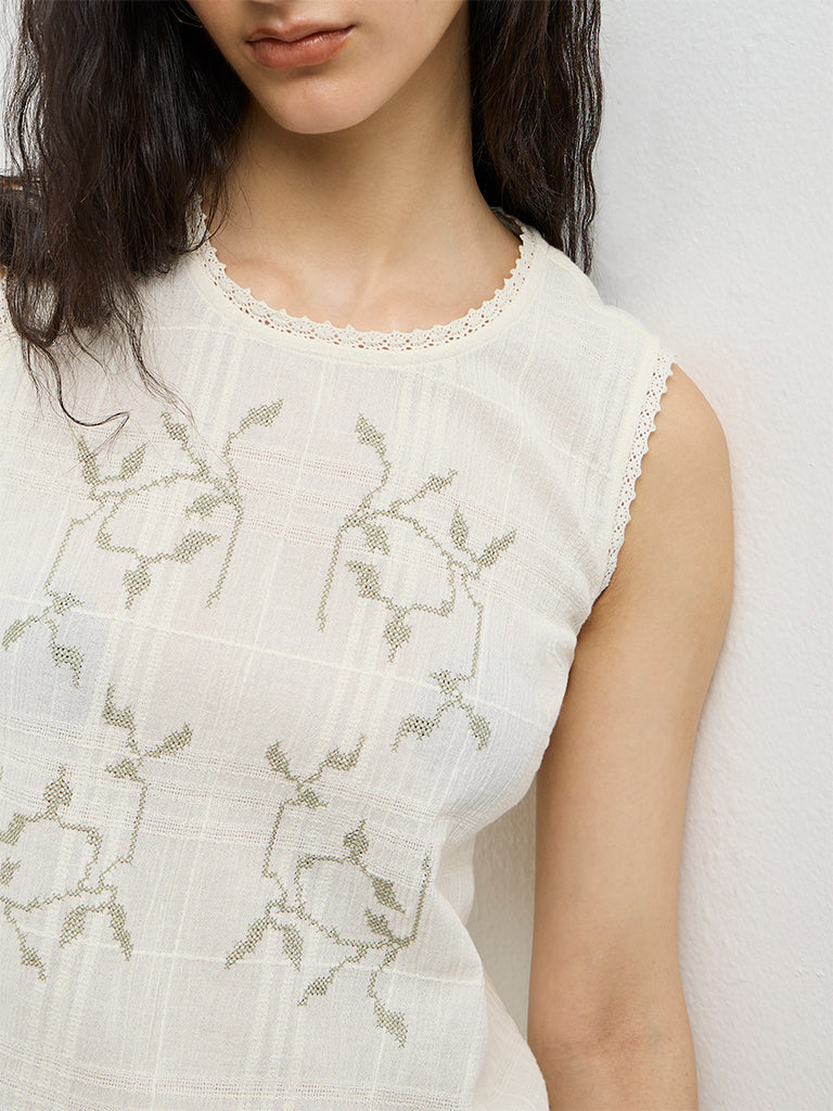 Bombay Paisley Off-White Embroidered Cotton Top
