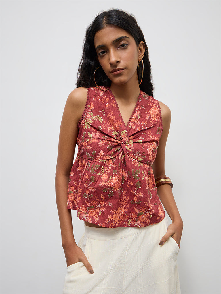 Bombay Paisley Rust Floral Design Ruched Cotton Top