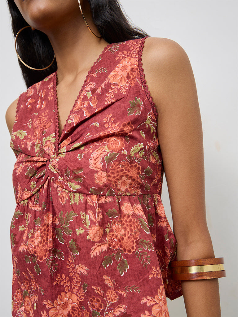 Bombay Paisley Rust Floral Design Ruched Cotton Top