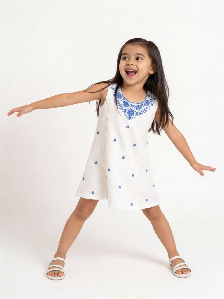 Utsa Kids Girls White Embroidered A-Line Cotton Dress- (2-8 yrs)