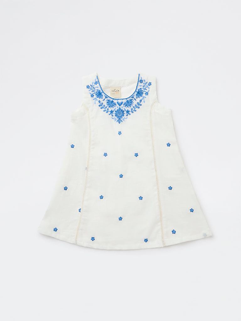 Utsa Kids Girls White Embroidered A-Line Cotton Dress- (2-8 yrs)