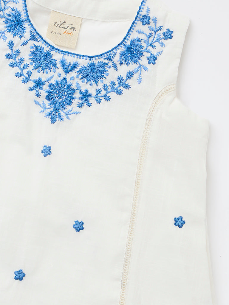 Utsa Kids Girls White Embroidered A-Line Cotton Dress- (2-8 yrs)