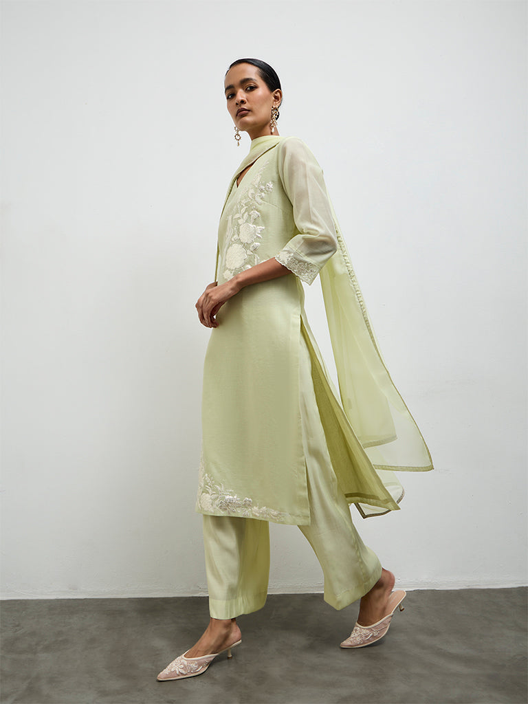 Vark Light Green Floral Embroidered Cotton-Blend A-Line Ethnic Set