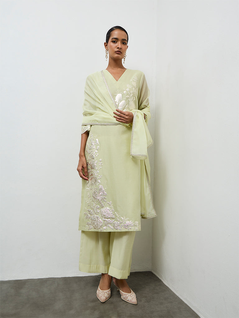 Vark Light Green Floral Embroidered Cotton-Blend A-Line Ethnic Set