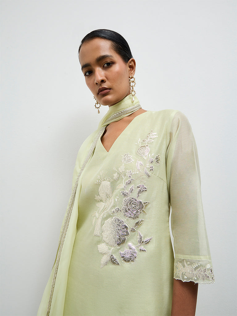 Vark Light Green Floral Embroidered Cotton-Blend A-Line Ethnic Set