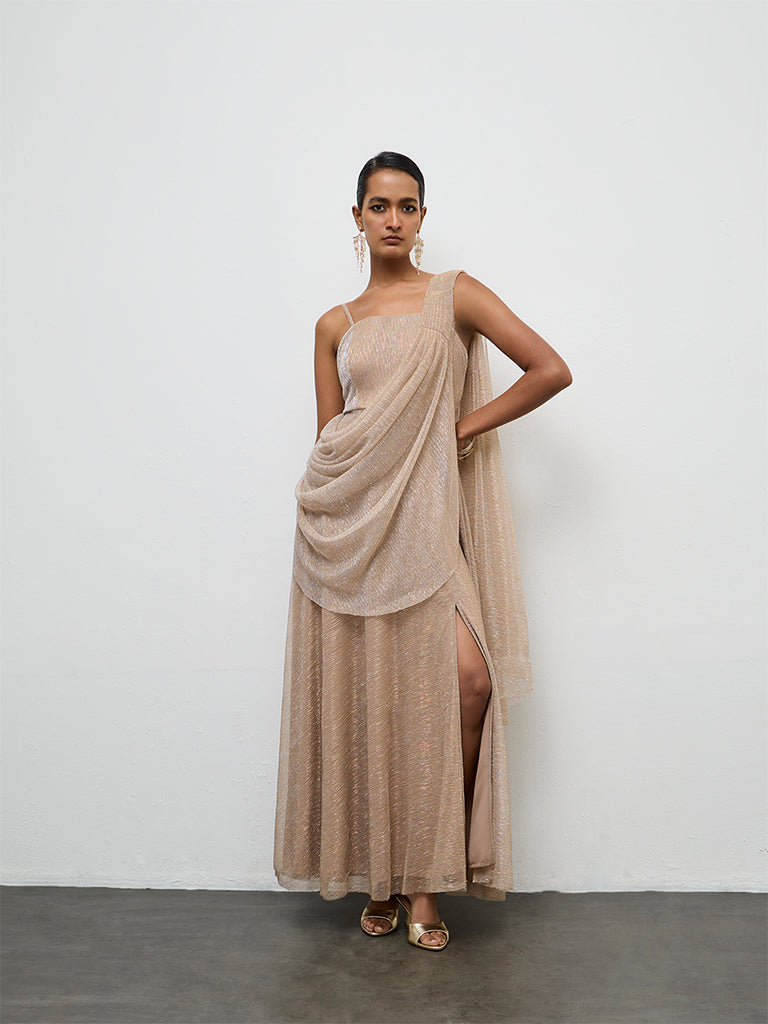 Vark Beige Shimmer Ready-To-Wear Saree