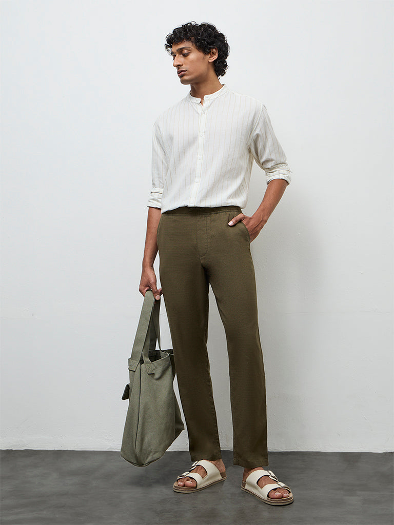 ETA Olive Textured Relaxed-Fit Mid-Rise Cotton Trousers