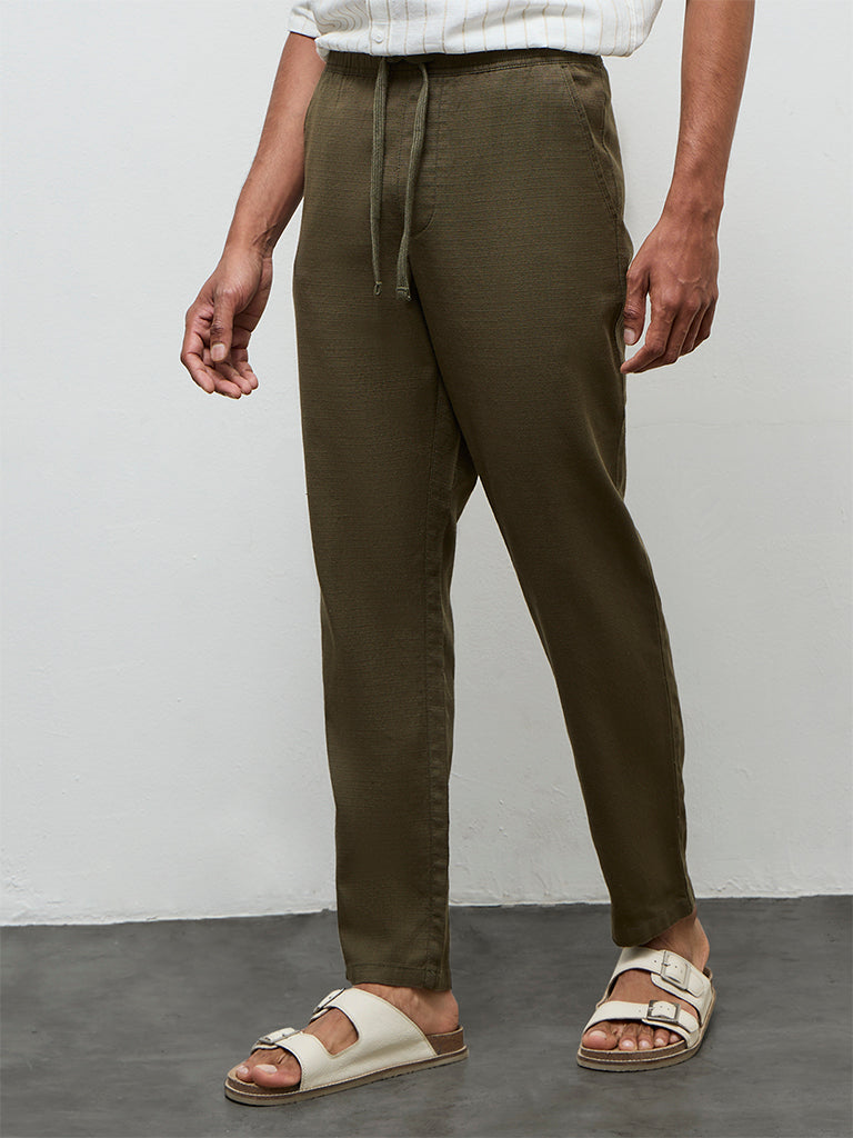 ETA Olive Textured Relaxed-Fit Mid-Rise Cotton Trousers