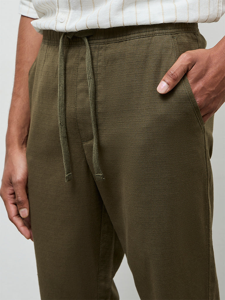 ETA Olive Textured Relaxed-Fit Mid-Rise Cotton Trousers