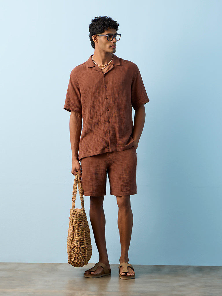 ETA Brown Crinkle-Textured Relaxed-Fit Cotton Shirt