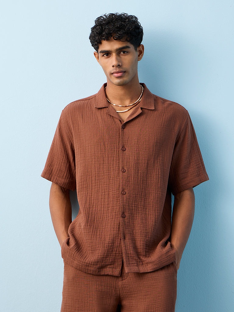 ETA Brown Crinkle-Textured Relaxed-Fit Cotton Shirt