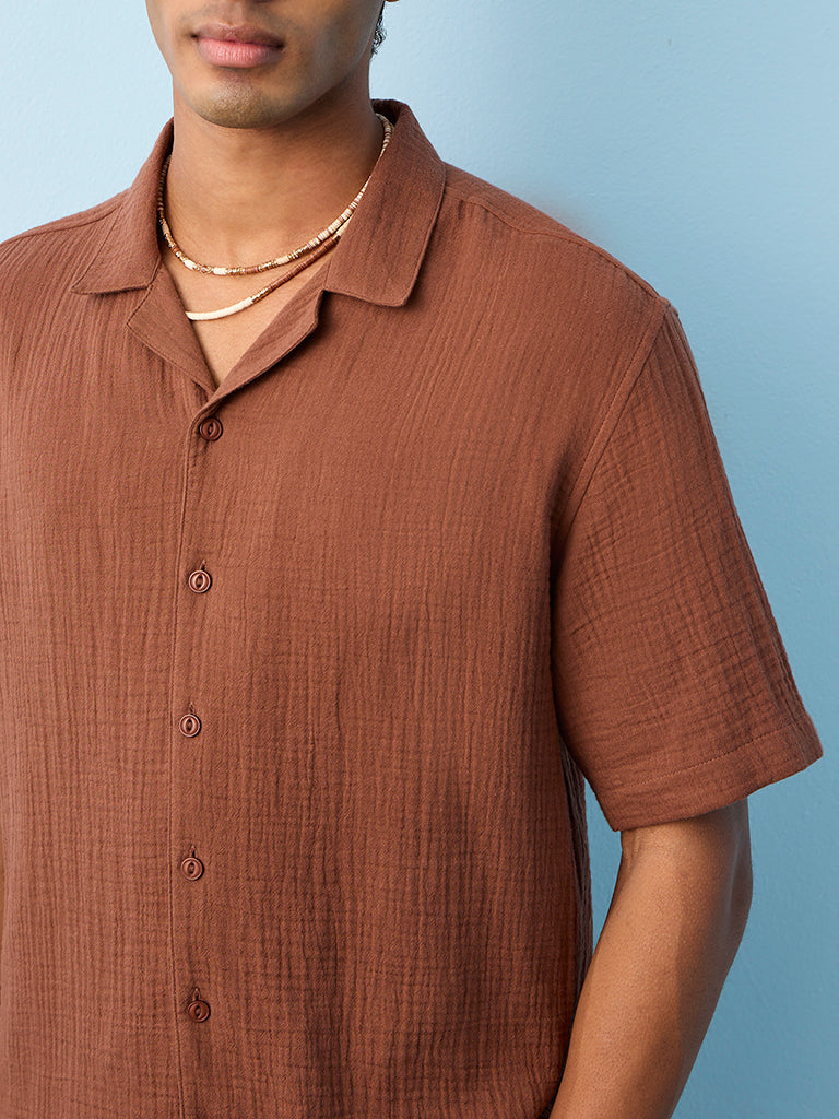 ETA Brown Crinkle-Textured Relaxed-Fit Cotton Shirt