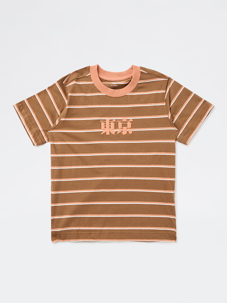 Boys Brown Striped Cotton T-Shirt