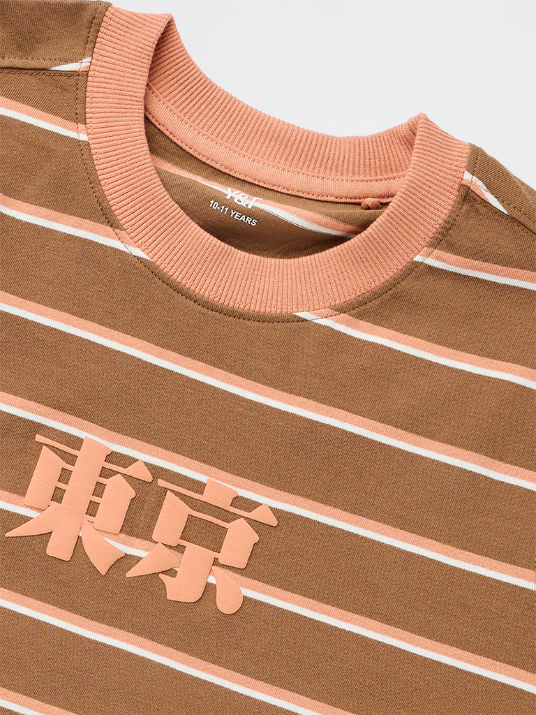 Boys Brown Striped Cotton T-Shirt