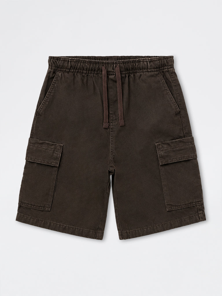 Boys Dark Brown Mid-Rise Cotton-Blend Cargo Shorts