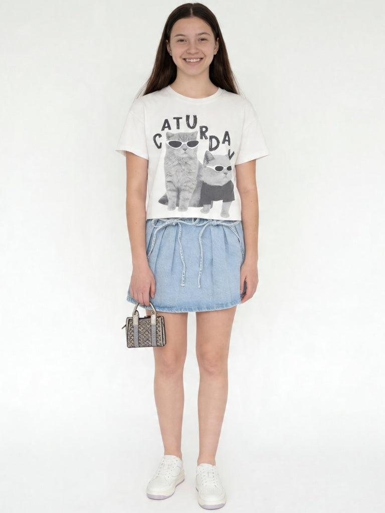 Girls Light Blue Faded High-Rise Denim Skirt