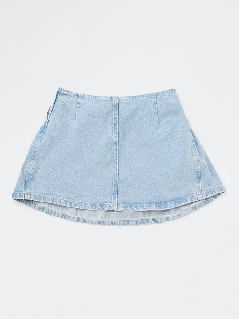 Girls Light Blue Faded High-Rise Denim Skirt