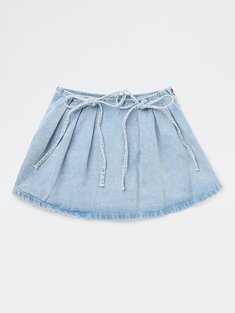 Girls Light Blue Faded High-Rise Denim Skirt