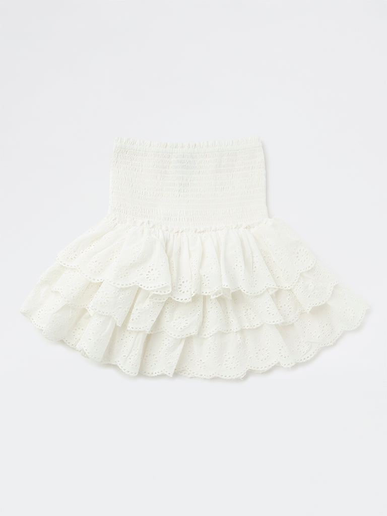 Girls Off-White Embroidered High-Rise Cotton Skirt