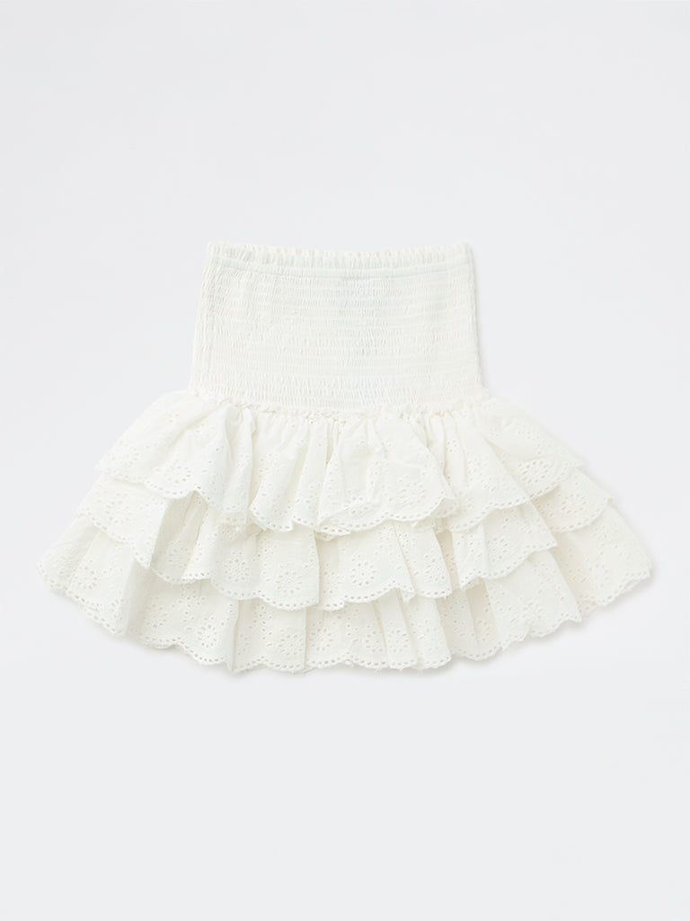 Girls Off-White Embroidered High-Rise Cotton Skirt
