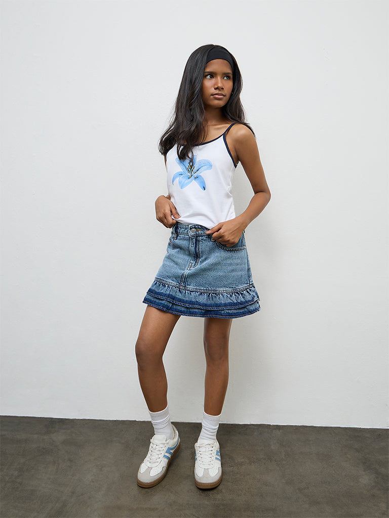 Girls Blue Faded High-Rise Denim Skirt