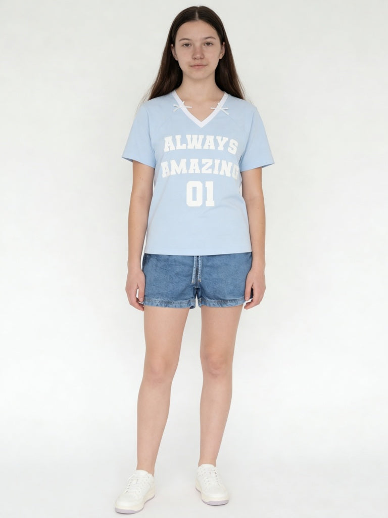 Girls Blue Text-Printed T-Shirt