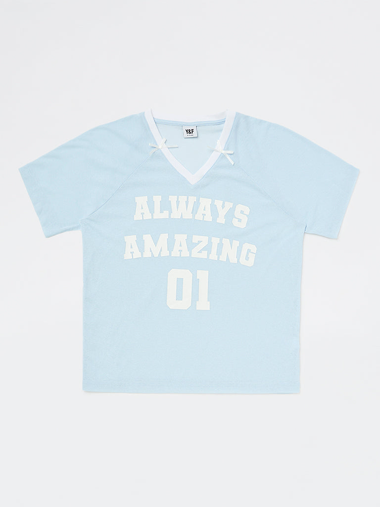 Girls Blue Text-Printed T-Shirt