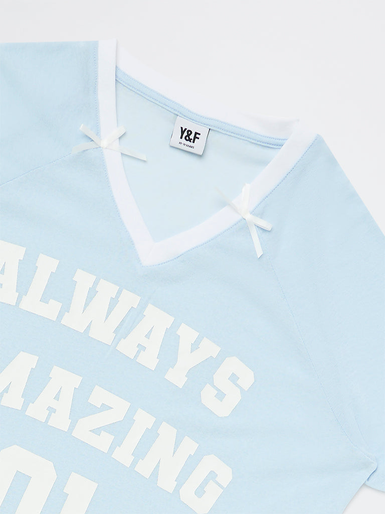 Girls Blue Text-Printed T-Shirt