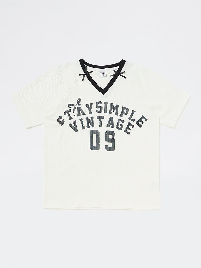 Girls White Text-Printed T-Shirt