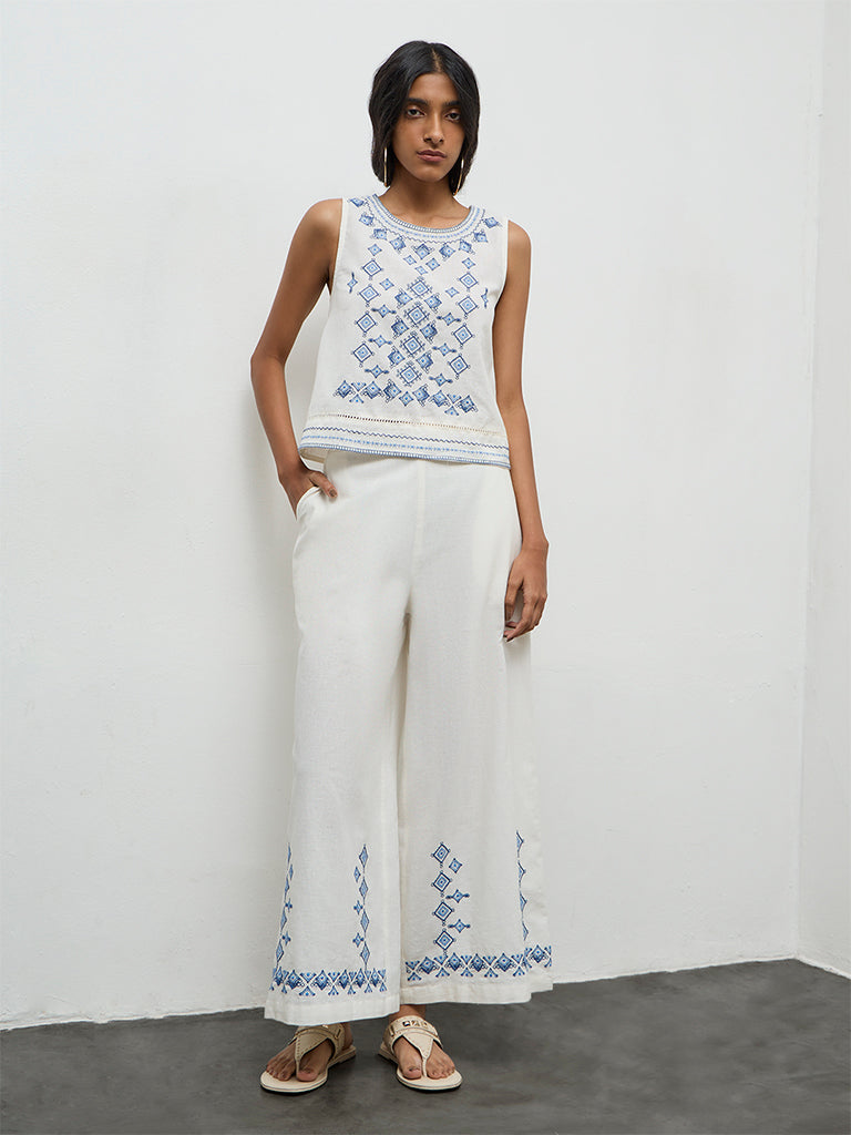 Bombay Paisley White Embroidered Cotton High-Rise Pants