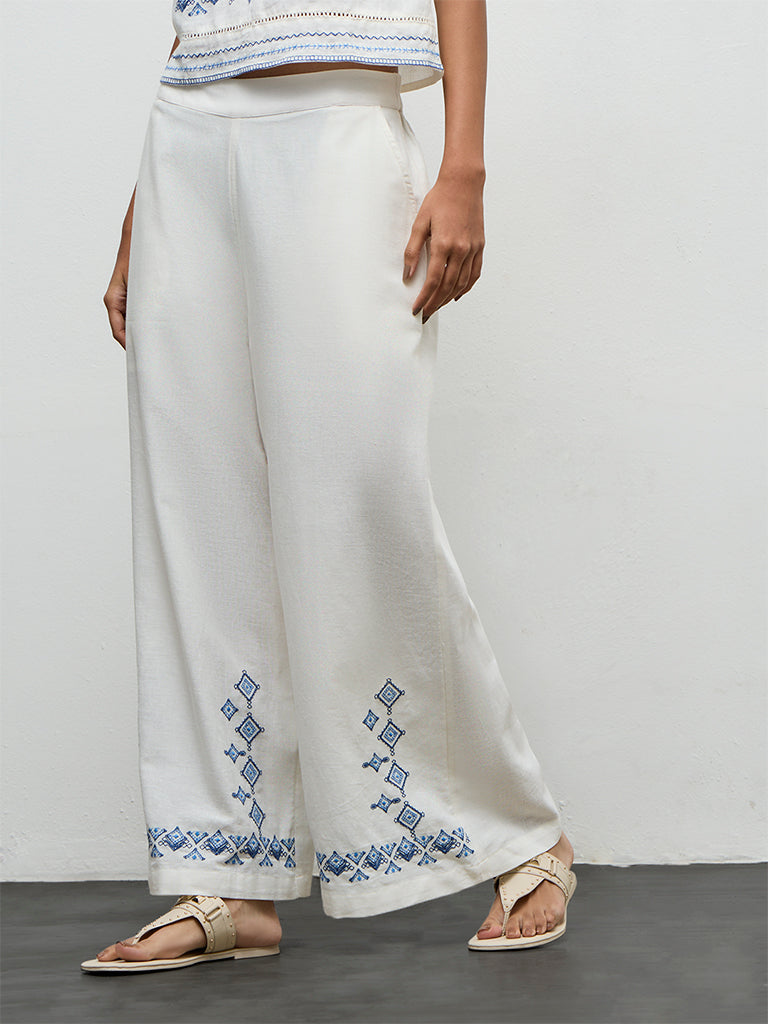 Bombay Paisley White Embroidered Cotton High-Rise Pants