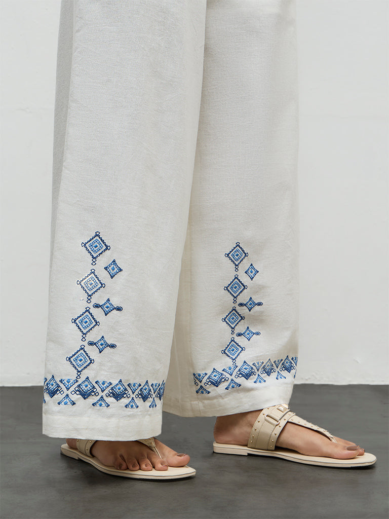 Bombay Paisley White Embroidered Cotton High-Rise Pants