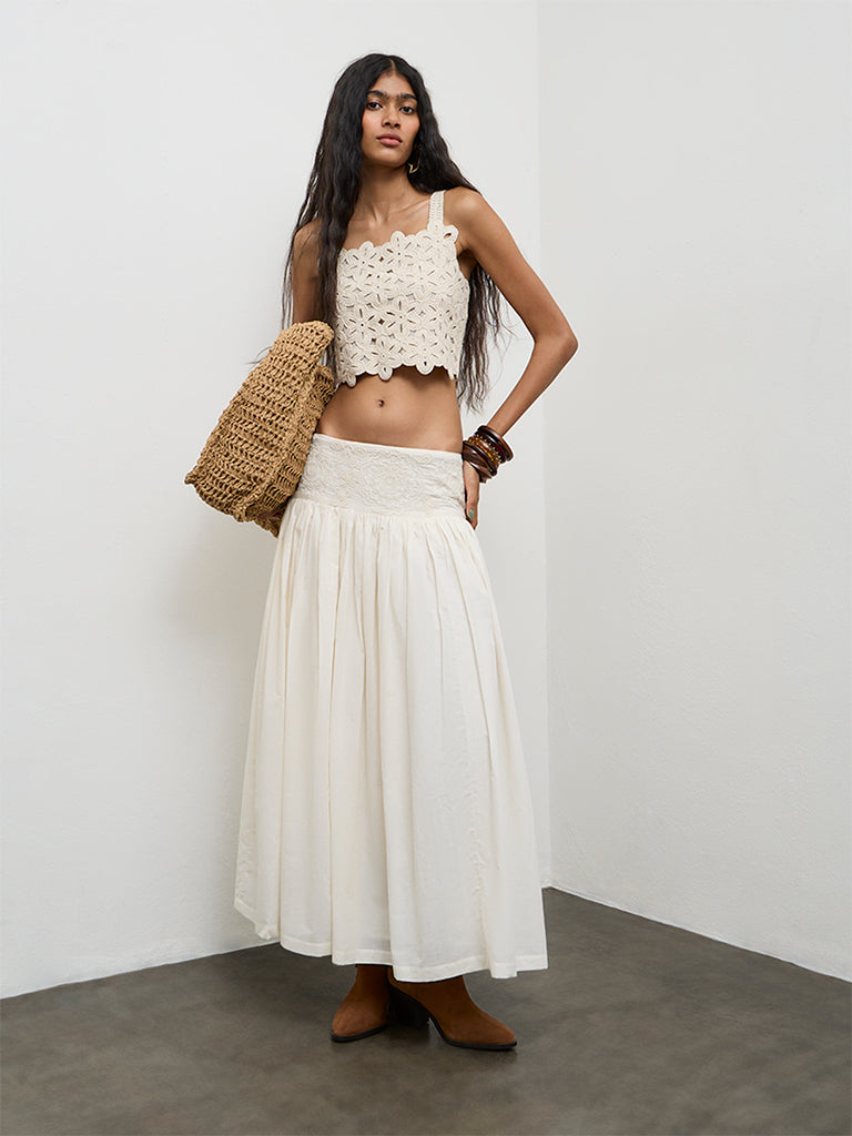 Bombay Paisley Off-White Embroidered High-Rise Cotton Skirt