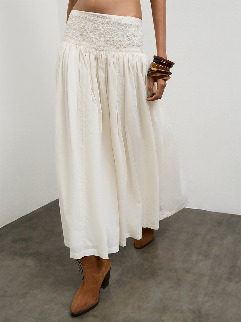 Bombay Paisley Off-White Embroidered High-Rise Cotton Skirt