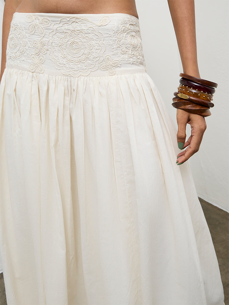 Bombay Paisley Off-White Embroidered High-Rise Cotton Skirt