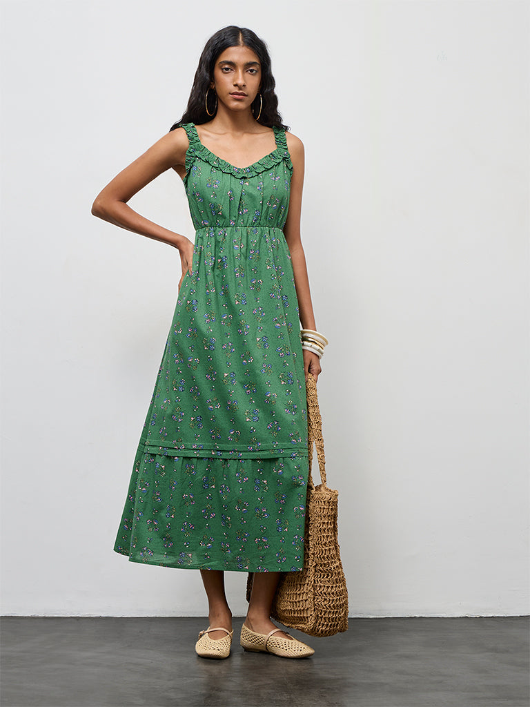 Bombay Paisley Green Floral Design Cotton A-Line Dress