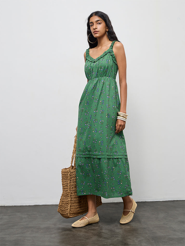 Bombay Paisley Green Floral Design Cotton A-Line Dress