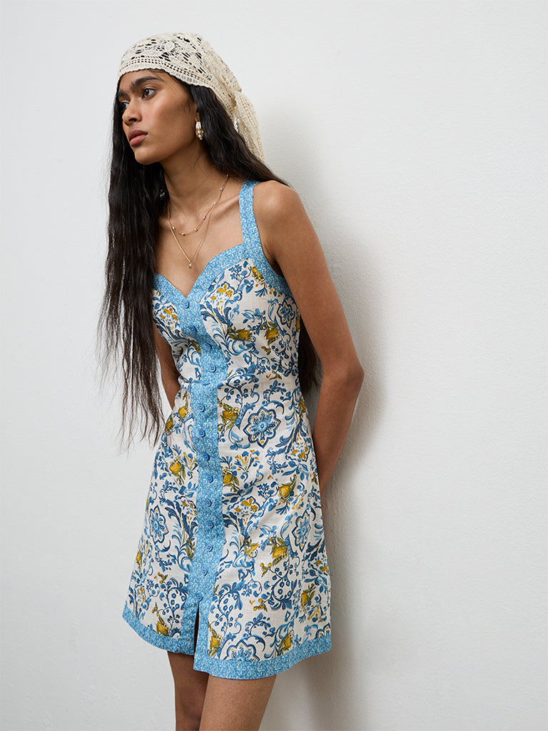 Bombay Paisley Blue Floral Printed Cotton A-Line Dress