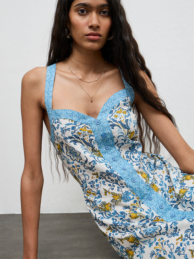 Bombay Paisley Blue Floral Printed Cotton A-Line Dress