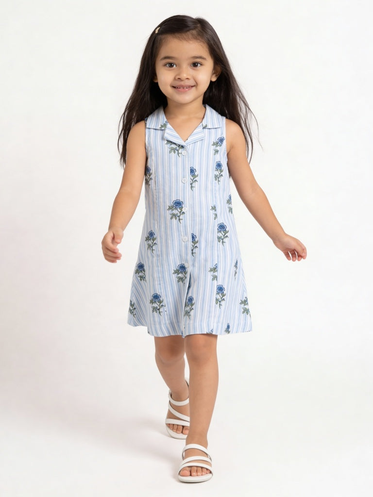 Utsa Kids Girls Blue Printed A-Line Cotton-Blend Dress - (2-8 yrs)