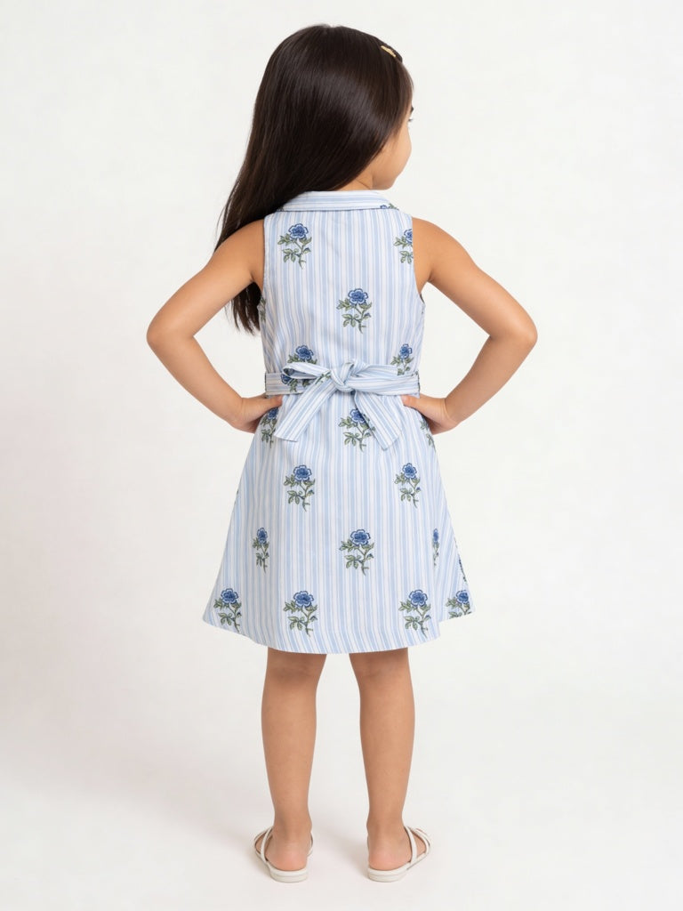 Utsa Kids Girls Blue Printed A-Line Cotton-Blend Dress - (2-8 yrs)