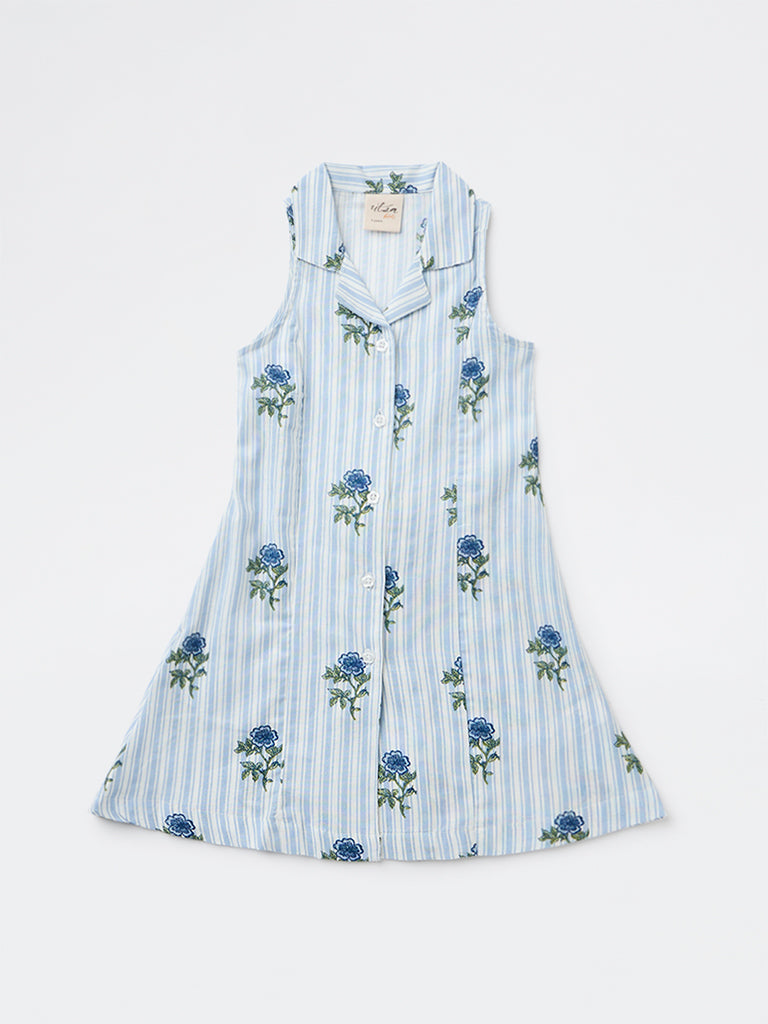 Utsa Kids Girls Blue Printed A-Line Cotton-Blend Dress - (2-8 yrs)