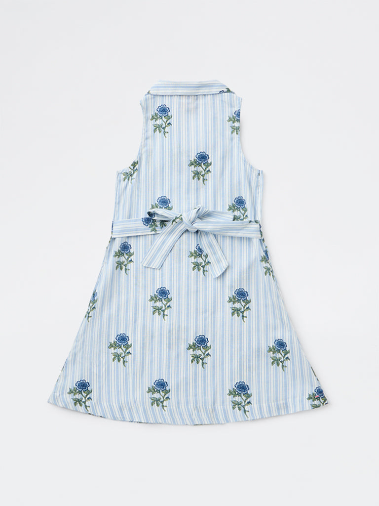 Utsa Kids Girls Blue Printed A-Line Cotton-Blend Dress - (2-8 yrs)