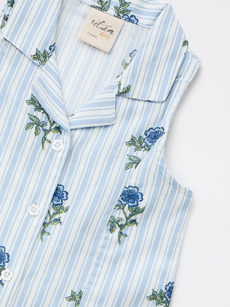 Utsa Kids Girls Blue Printed A-Line Cotton-Blend Dress - (2-8 yrs)