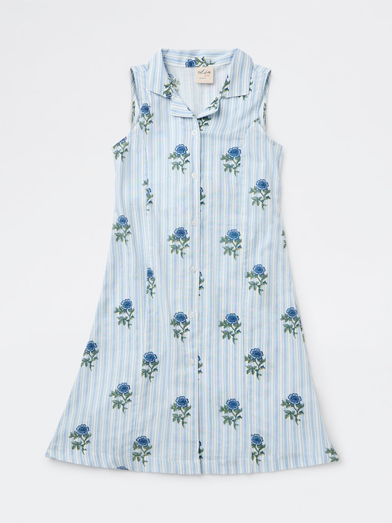 Utsa Kids Girls Blue Printed A-Line Cotton-Blend Dress - (8-14 yrs)