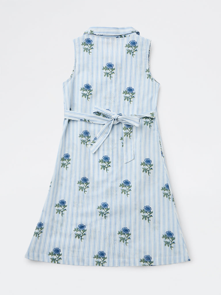 Utsa Kids Girls Blue Printed A-Line Cotton-Blend Dress - (8-14 yrs)