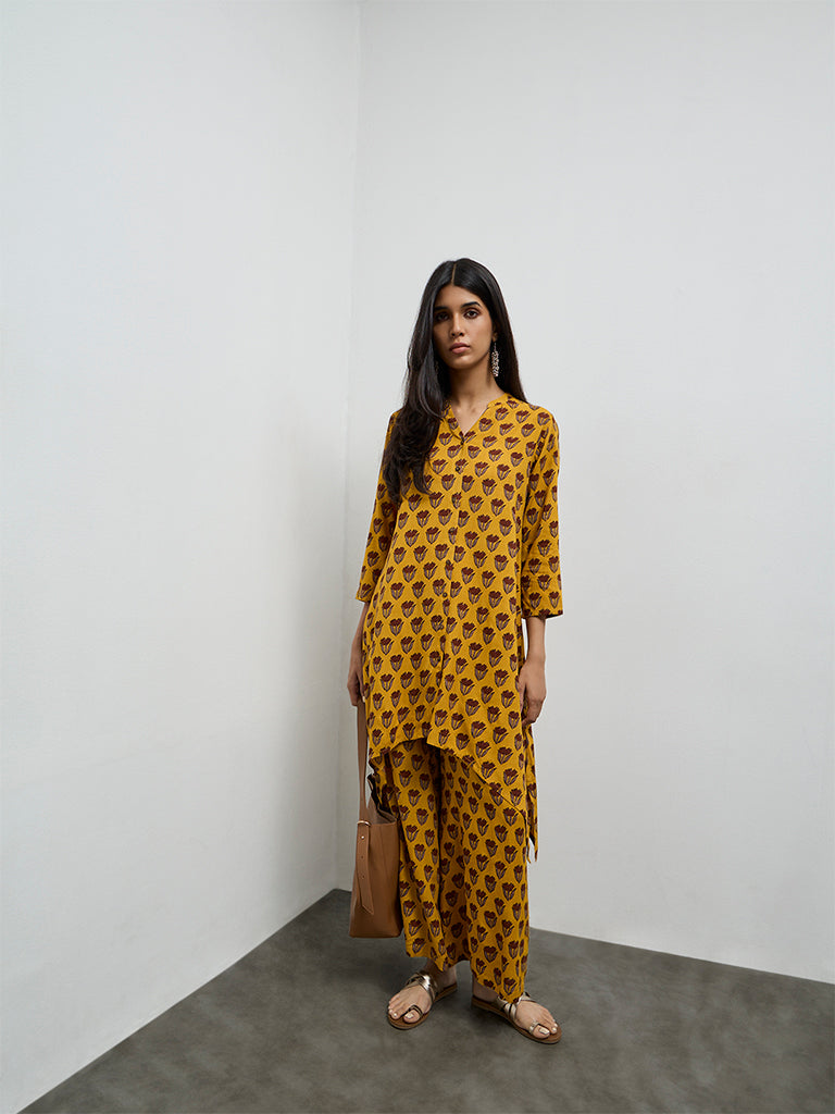 Utsa Mustard Floral Printed A-Line Kurta